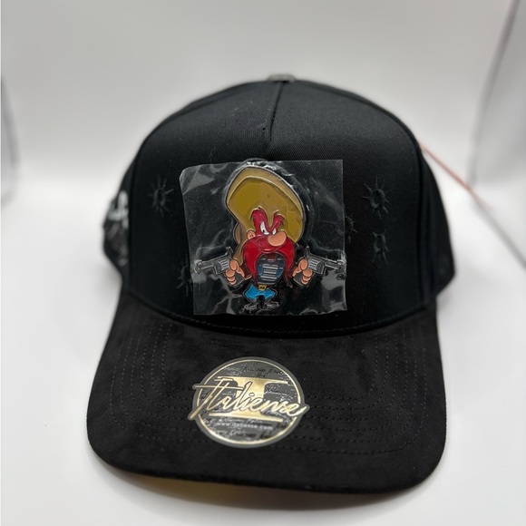 Black Suede Like Hat with Cartoon Patch and Gold Logo - Picture 1 of 6